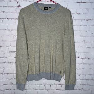 Hugo Boss Men’s Sweater Gray/Yellow Cotton Linen Pullover logo Crew Neck Size L